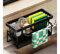 GLDFYYDS Sink Organiser, Stainless Steel Kitchen Organiser with Self-Draining Tray & Detachable Towel Holder, Space-Saving Sink Caddy Kitchen Organizer for Sponges, Brushes, and Dish Soap, Black