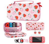 GLDRAM Carrying Case Bundle for Nintendo Switch Lite Case Cute, Pink Travel Case Kit with Soft TPU Cover, Glass Screen Protector, Thumb Grip Caps, Shoulder Strap for Girls, Full Protection(Strawberry)