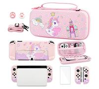 GLDRAM Carrying Case Compatible with Nintendo Switch OLED Cover, Pink Unicorn Case Bundle with Travel Case, Hard PC Shell, Screen Protector, Thumb Caps, Shoulder Strap, Cute Accessories Kit for Girls