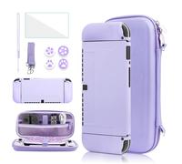 GLDRAM Carrying Case for Nintendo Switch OLED, 9 in 1 Cute Accessories Kit with Travelling Case, Soft TPU Cover, Glass Screen Protector, Thumb Grip Caps, Wrist Band, Shoulder Strap for Girls - Purple
