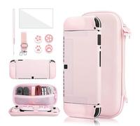 GLDRAM Carrying Case for Nintendo Switch OLED, 9 in 1 Cute Accessories Kit with Travelling Case, Soft TPU Cover, Glass Screen Protector, Thumb Grip Caps, Wrist Band, Shoulder Strap for Girls - Pink
