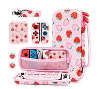 GLDRAM Carrying Case for Nintendo Switch & OLED, Accessories Bundle with Portable Travel Case, 2 Joycon TPU Protective Skin, Game Case, Adjustable Shoulder Strap and 2 Strawberry Thumb Caps, Pink