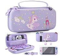 GLDRAM for Nintendo Switch 10.2*4.92IN Travel Bag with 10 Card Slots, Anti-Fall Carrying Case with Unicorn Protective TPU Cover, Screen Protector, Adjustable Shoulder Strap & 2 Purple-White Thumb Caps