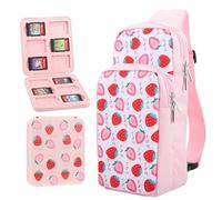 GLDRAM Nintendo Switch Carrying Case, Cute Pink Strawberry Travel Bag with Shoulder Strap, Game Case & Thumb Grip Caps
