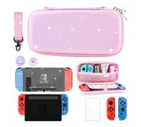 GLDRAM Pink Travel Carrying Case for Nintendo Switch, Portable Switch Accessories Case Protector with Clear Glitter Protective Cover Case, Screen Protector, Shoulder Strap and 2 Thumb Caps for Girl