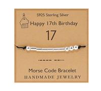 Gleamart 17th Birthday Gift Morse Code Bracelet Sterling Silver Handmade Secret Message Beads Silk Cord Bangle