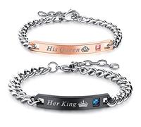 Gleamart 2PCS His Queen Her King Couple Bracelet Set Matching Love Crown Bangles Engraved Bracelets for Valentine's Day Anniversary Black with Rose Gold