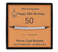 Gleamart Morse Code Bracelet 925 Sterling Silver Handmade Secret Message Beads Silk Cord Bangle Gift for Her Happy 50th Birthday