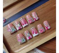 Gleamrain Handmade Press on Nails short Square Shape M Size/Gleamrain Luxury Duck Hand Made Cute Acrylic Glue on Nails With Rhinestones and Flower Design Duck Nail for Women and Girls 10 Pcs