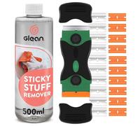 GLEAN Sticky Stuff Remover 500ml & Scraper Tool | 2-in-1 Bundle | Includes 10 Metal + 10 Plastic Blades | Removes Glue, Stickers, Gum, Sticky Tape| Multi-Surface Cleaner for Glass, Metal, Wood, Tape