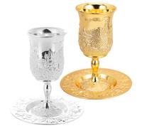 GLEAVI 2 Sets Judaica Passover Seder Metal Cup with Saucer Stemmed Wine Goblet Embossed Footed Cup Chalice for Holiday Judaica Shabbos Table Decoration