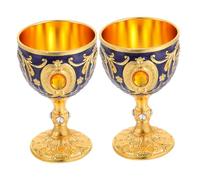 GLEAVI 2pcs Royal Embossed Chalice Goblet Metal Shot Cups Gold Blue Vintage Palace Style Wine Glasses for Banquets Weddings Halloween Elegant Drinkware