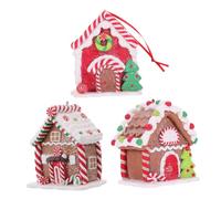 GLEAVI 3pcs Handcrafted Gingerbread House Ornaments with Red Ribbon for Christmas Tree Hanging Decorations Festive Candy-themed Clay Holiday Figurines for Xmas Party and Home Display