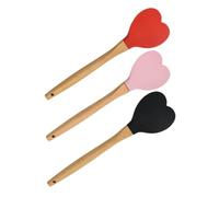 GLEAVI 3pcs Heart Shaped Silicone Mixing Spoon with Ergonomic Wooden Handle Creative Baking Utensils for Cooking and Serving Non Slip Kitchen Tools Pink Black and Red