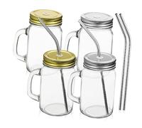 GLEAVI 4 Pcs Transparent Glass Mason Mugs with Ergonomic Handle Lids and Stainless Steel Straws Square Jars for Water Juice Milk Reusable Drinking Cups for Home and Office