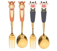 GLEAVI 4pcs Cute Cartoon Animal Fork and Spoon Stainless Steel Kids Silverware Cake Fruit Forks Kitchen Accessory for Dessert Salad Appetizer