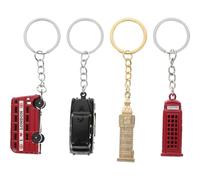 GLEAVI 4Pcs London Souvenir Keychains Set with Iconic Clock Tower Pendant, Black Taxi, Red Bus, and Telephone Booth Charm - British Themed Metal Key Rings for Bags, Luggage, and Home