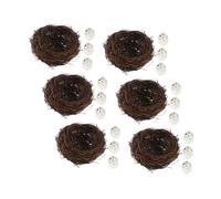 GLEAVI 6set Handwoven Rattan Bird Nest Ornament with Lifelike Artificial Eggs Country Style Faux Twig Nest for Garden Patio Easter Decor and Birdcage Accessories