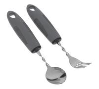 GLEAVI Adaptive Utensil Set 2pcs Stainless Steel Bendable Spoon and Fork with Gray Anti-Shake Handles for Elderly Stroke Therapy and Hand Tremor Support