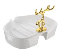 GLEAVI Ceramic Storage Soap Draining with Design Dish and Deer Mouth Shape, White Holder with Sponge Bathroom for Bathroom and Public Washroom Use