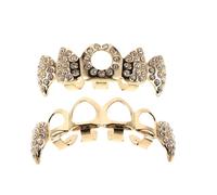 GLEAVI Gold Hollow Out Vampire Fangs Tooth Grill Set Rhinestone Copper Fake Tooth Cap for Halloween Cosplay Party Jewelry