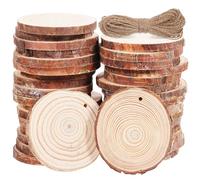 GLEAVI Rustic Unfinished Wood Slices with Jute Twine String 50pcs Drilled Round Log Circles Easy to Use Wood Rounds for Creating Backdrops for Crafts and DIY Christmas Ornaments