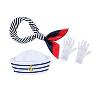 GLEAVI Sailor Hat and Scarf Set for Adults Blue and White Striped Yacht Captain Costume Accessories for Nautical Parties and Role Play