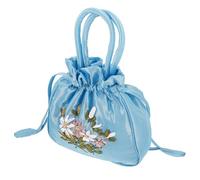 GLEAVI Small Embroidered Tote Bag for Women Drawstring Handle, Ethnic Style Handbag in Lake Blue, Travel-Friendly Compact Embroidery Purse