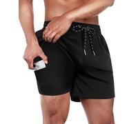 Gleeease Mens Swim Trunks with Compression Lined Short Bathing Suits for Men 5 Inch Inseam Liner Men's Swimming Trunk, Solid Black, 3XL