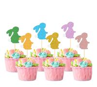 Gleevio Pack of 12 Rabbit Cake Decorations, Easter Cupcake Decoration, Colourful Easter Decoration Cake, Glitter Muffin Decoration, Rabbit Cake Decoration, Cupcake Topper, Happy Easter Cake Decoration