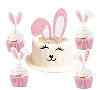 Gleevio Pack of 12 Rabbit Cake Decorations, Easter Cupcake Decoration, Colourful Easter Decoration Cake, Glitter Muffin Decoration, Rabbit Cake Decoration, Cupcake Topper, Happy Easter Cake Decoration