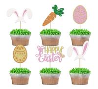 Gleevio Pack of 24 Easter Cake Decorations, Glitter Muffin Decoration, Happy Easter Cake Decoration, Rabbit Cupcake Topper, Easter Egg Rabbit Ears Cake Decoration, Happy Easter Cake Decoration for