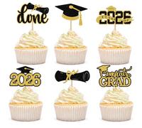 Gleevio Pack of 24 Graduation Cupcake Toppers, Black Gold, Cake Decoration Graduation for Graduation 2026 Decoration, Graduate Hat Graduation Decoration Cake, Congratulations Cake Decoration for