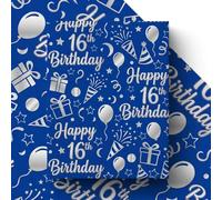 GleeWrap 4 Sheets 16th Birthday Wrapping Paper - Blue Happy 16th Birthday with Balloon Gift Wrap for for Age16 Teens 16th Birthday Wrapping Paper, Blue with Silver Gift Wrap, 70x50cm