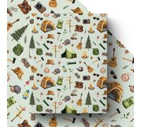 GleeWrap Camping Wrapping Paper,Outdoor Adventure Pattern with Tents, Campfire, Guitar, Forest Design Gift Wrap for Birthday, Christmas, Father’s Day,50x70cm
