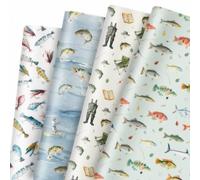 GleeWrap Fishing Wrapping Paper, 12 Sheets Angler Gift Wrap for Dad Grandad, Watercolour Fish, Lures & Fishing Gear, Birthday Gifts, 50 × 70 cm