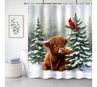 GleeWrap Highland Cow with Cardinal Bird Winter Shower Curtain,Winter Snowy Forest Bathroom Curtain, Waterproof Fabric Bath Curtain with 12 Hooks for Christmas Holiday Home Decor, 180x180cm