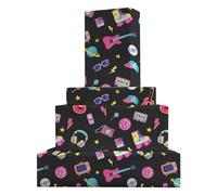 GleeWrap Vintage Disco Theme Wrapping Paper, 4 Sheets Back to 80s 90s Gift Wrap with Neon Radio Rock Guitar Pattern for Birthday, Party Decoration, 50 x 70cm