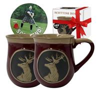 Glen Appin 2 x 500ml Stoneware Piping hot Coffee Mug Coasters Set - Scotland Stag Embossed Cups, Complementary Scotland Theme Coasters for Coffee Tea Hot Chocolate - Scottish Heritage Gift Box (Red)