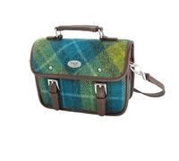 Glen Appin Harris Tweed Bervie Mini Satchel Bag With Adjustable & Removable Shoulder Strap (114 Sea Blue & Green Tartan)