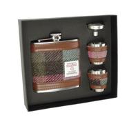 Glen Appin Harris Tweed Hip Flask & Cups Gift Set (Col 137 Green & Rose Pink)