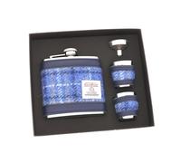 Glen Appin Harris Tweed Hip Flask & Cups Gift Set - Light Blue Check