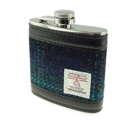 Glen Appin of Scotland 6oz Harris Tweed Hip Flask - Blue with Turquoise Overcheck HF2100-COL119