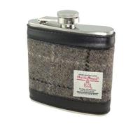 Glen Appin of Scotland Harris Tweed Hunting Flask - Stainless Steel Hip Flask Set with Harris Tweed Cover, Funnel & Cups - Luxury Scottish Gift for Men & Women (Col 31 Mink with Black Overcheck)