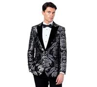 Glen - Mens Brocade Paisley Jacquard Tuxedo Jacket Flocked Damask Velvet Lapel Wedding Party Blazer [BLZ-311-GREY-PEAK-LAPEL-44]
