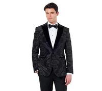 Glen - Mens Brocade Paisley Jacquard Tuxedo Jacket Flocked Damask Velvet Lapel Wedding Party Blazer [BLZ-311-BLACK-PEAK-LAPEL-46]
