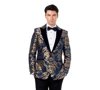 Glen - Mens Brocade Paisley Jacquard Tuxedo Jacket Flocked Damask Velvet Lapel Wedding Party Blazer[BLZ-311-BLUE-PEAK-LAPEL, UK/US 44 EU 54]