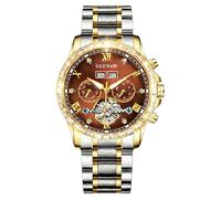GLENAW Automatic Watch for Men- Luxury Crystal Bezel Complete Calendar Mechanical Day Date Tourbillon Watch for Men Luminous with Stainless Strap, 8670-Golden Red, Business, casual, daily
