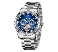 GLENAW Automatic Watch for Men Skeleton Roman Numeral Diamond Dial Stainless Waterproof Day Date Business Casual Watches, 8993-SILVER BLUE