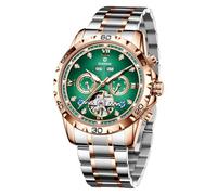 GLENAW Automatic Watch for Men Skeleton Roman Numeral Diamond Dial Stainless Waterproof Day Date Business Casual Watches, 8993-ROSE GREEN, Modern